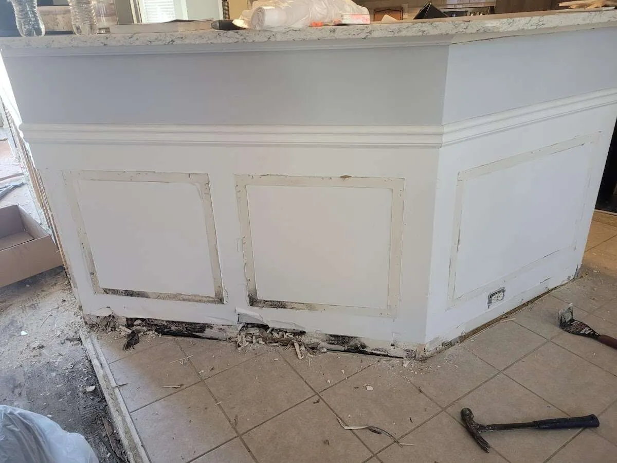 Water damage and mold on kitchen during Storm Damage Restoration in Mayflower Village